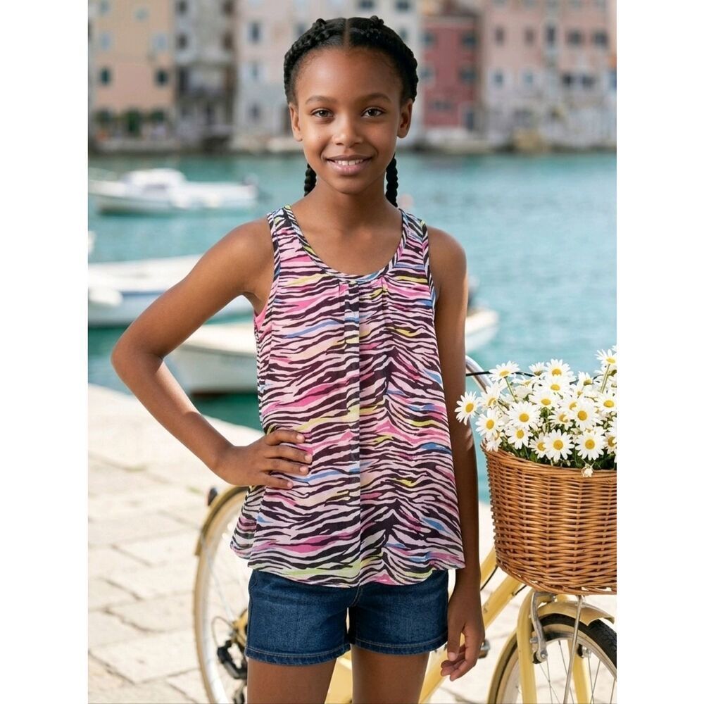 Girls Zebra Print Tank L 10-12 Chiffon Ruffle Neon Flyaway Back Top Summer Vacay